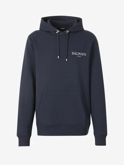 Balmain Cotton Hooded Sweatshirt In Navy Blue