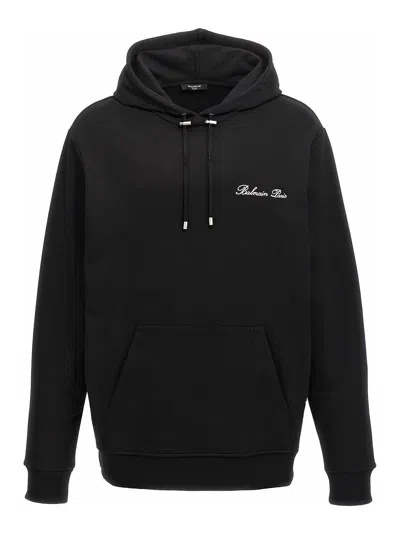 Balmain Signature Drawstring Hoodie In Black