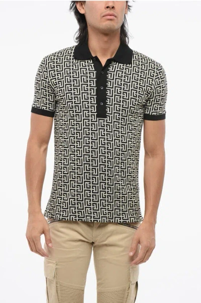 Balmain Cotton Jersey Polo Shirt With All-over Monogram In Black