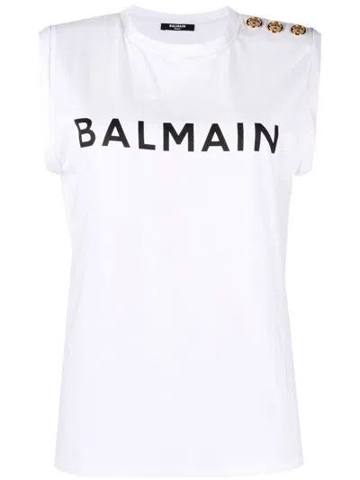 Balmain Logo Printed Sleeveless Top In White