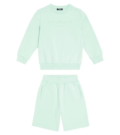 Balmain Kids' Cotton Jersey Tracksuit In Verde Acqua