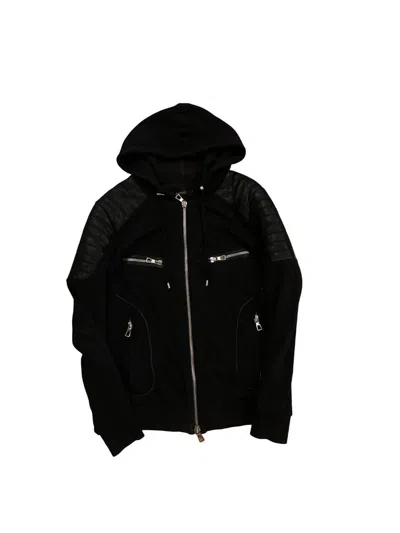 Pre-owned Balmain Cotton Leather Hybrid Biker Style Zip Hoodie In Black