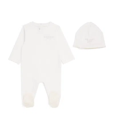 Balmain Babies' Cotton Logo All-in-one And Hat Set In White