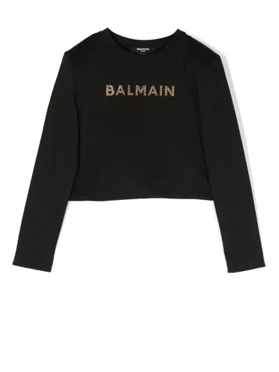 Balmain Kids' Cotton Logo-embellished T-shirt In 黑色