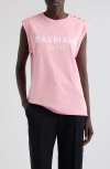 Balmain Logo Button Crew Neck Sleeveless Top In Ola Pink/white