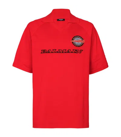 Balmain Logo-patch Cotton Polo Shirt In Red