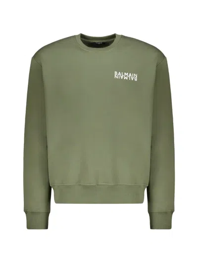 Balmain Cotton Sweatshirt With Logo In Green