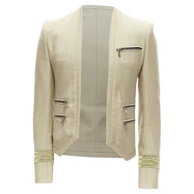 Balmain Cotton Military Trim Zippers Cropped Fitted Jacket In Brown