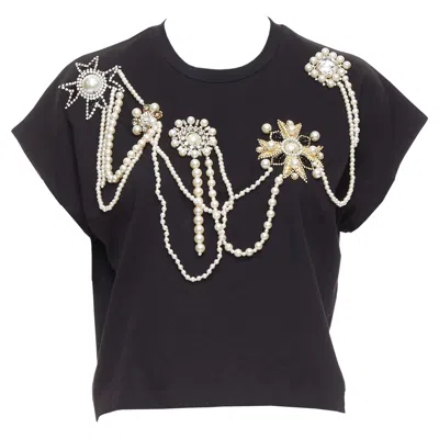 Balmain Cotton Pearl Bead Embellished Crop Tshirt In Black