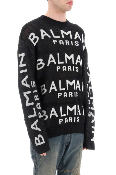 Balmain Cotton Pullover With All-over Logo In Multi