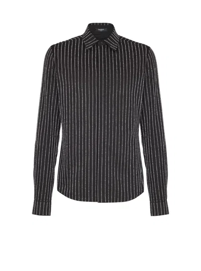 Balmain Cotton Shirt With Crystal Stripes In Blue