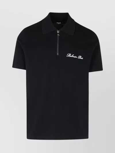Balmain Cotton Shirt With Short Sleeves And Collar In Black