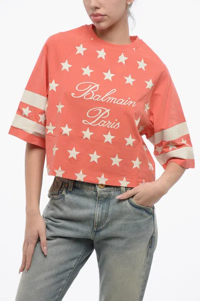 Balmain Cotton Star Cropped Fit T-shirt With Printed Logo In Orange