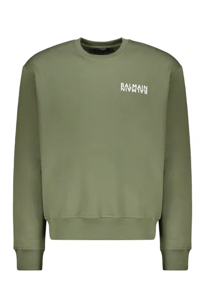 Balmain Cotton Sweatshirt With Logo In Green