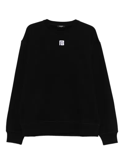 Balmain Cotton Sweatshirt With Pb Embroidery In Black