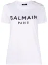 Balmain White Crewneck T-shirt With Logo Print And Golden Buttons In Jersey Woman