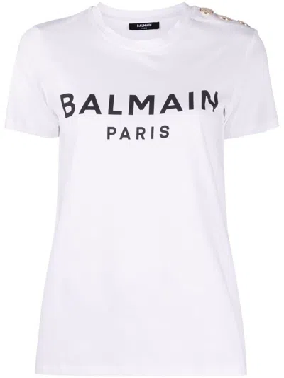 BALMAIN BALMAIN COTTON T-SHIRT WITH FRONT PRINTED LOGO AND BUTTONS
