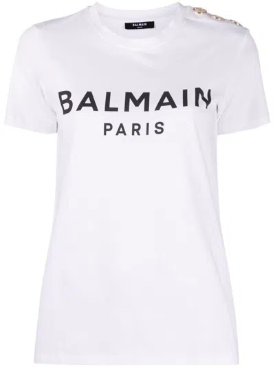Balmain Cotton T-shirt With Front Printed Logo And Buttons In Black
