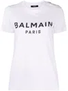 Balmain White Crewneck T-shirt With Logo Print And Golden Buttons In Jersey Woman In White