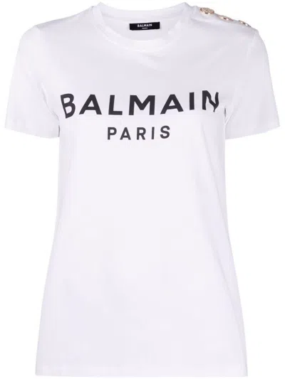 BALMAIN COTTON T-SHIRT WITH FRONT PRINTED LOGO AND BUTTONS