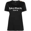 Balmain Black Crewneck T-shirt With Logo Print And Golden Buttons In Jersey Woman