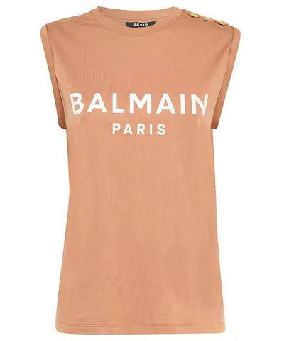 Balmain Cotton Tank Top In Brown