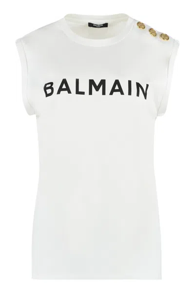 Balmain Logo Printed Sleeveless Top In White