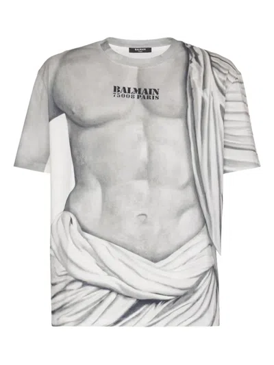 Balmain Logo T-shirt With Statue Print In Gray