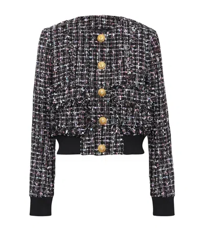 Balmain Buttoned Metallic Tweed Bomber Jacket In Black