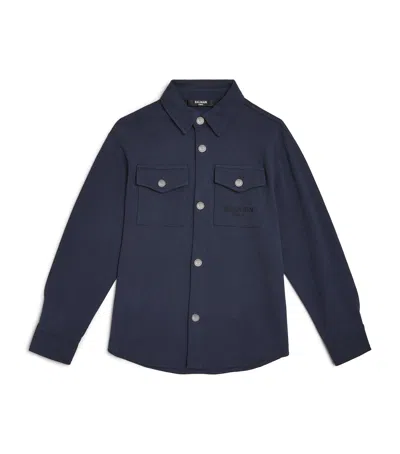 Balmain Kids' Cotton Twill Embroidered Shirt In Navy