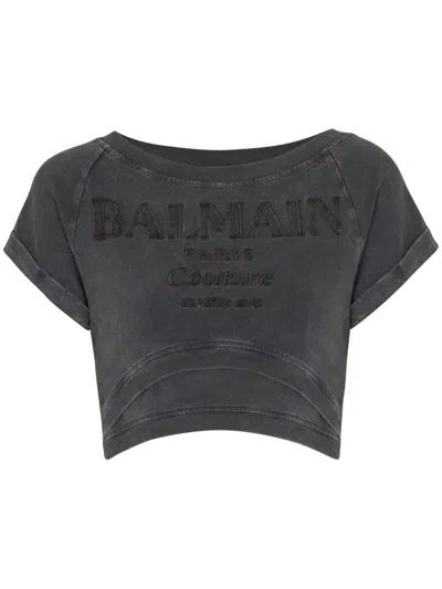 Balmain Couture-embroidered Cropped T-shirt In Grey