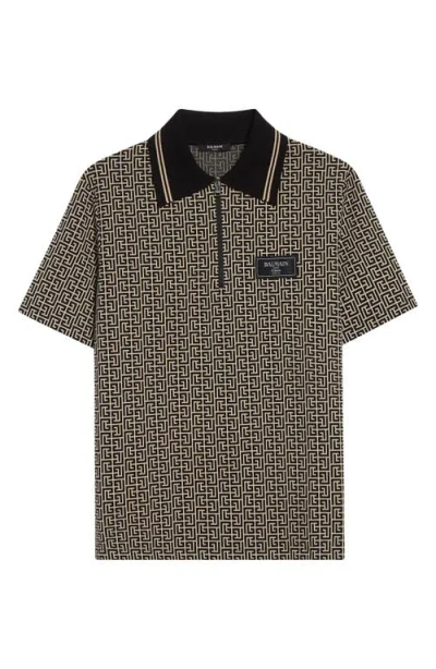 BALMAIN BALMAIN COUTURE LABEL MONOGRAM JACQUARD HALF ZIP POLO