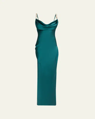 Balmain Cowl-neck Embroidered Strap Silk Column Gown In Green