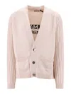 Balmain Cotton Blend Cardigan With Back Logo In Beige