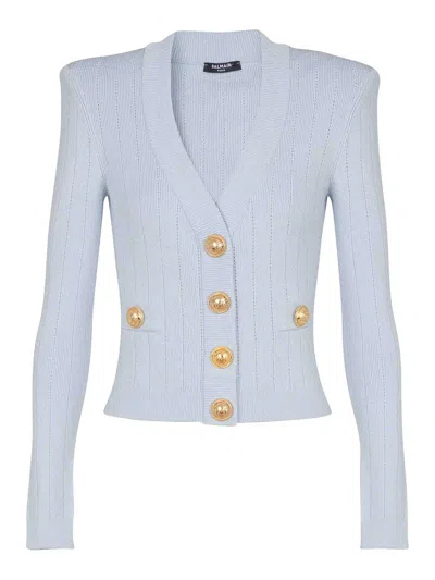 Balmain Gold Buttons Knit Cardigan In Blue