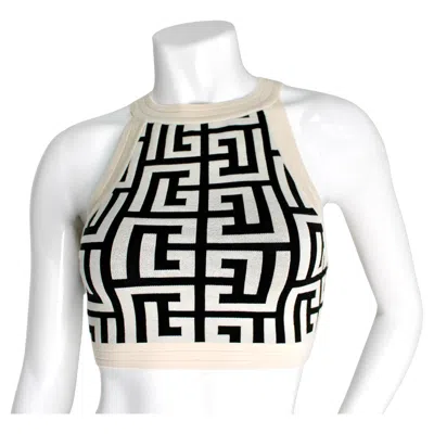 Pre-owned Balmain Cream & Black Logo Monogram Sleeveless Cropped Top In White