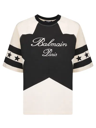Balmain Cream And Black Stars T-shirt In Beige