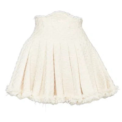 Pre-owned Balmain Cream Frayed Pleated Cotton Tweed Curved Waist Skater Mini Skirt Fr34 In White