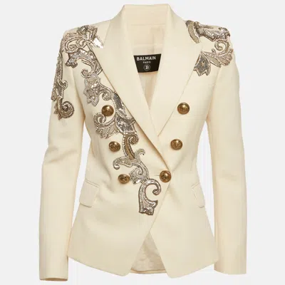 Pre-owned Balmain Cream Gabardine Embellished Double Breasted Blazer S In White