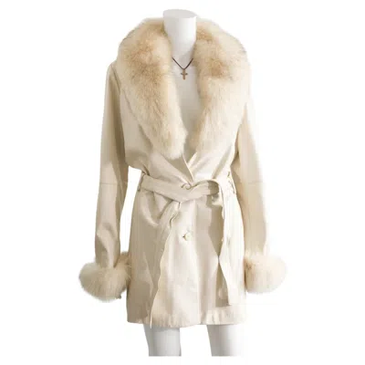 Pre-owned Balmain Cream Leather & Fox Fur Coat Size M/l In White