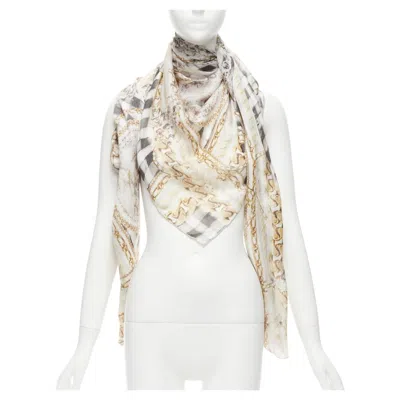 Pre-owned Balmain Cream Modal Cashmere Chain Check Tromp Loeil Print Scarf In White