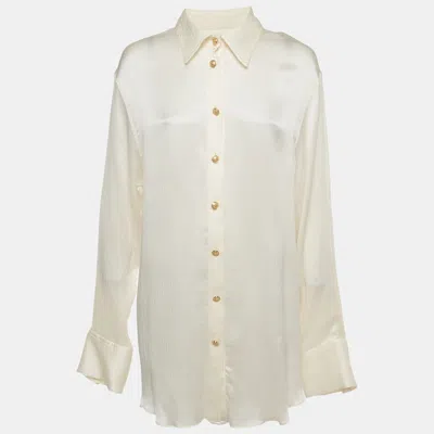 Pre-owned Balmain Cream Silk Plissé Button-up Mini Shirt Dress L