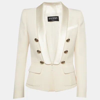 Pre-owned Balmain Cream Wool And Satin Trim Double Breasted Tuxedo Jacket M In White