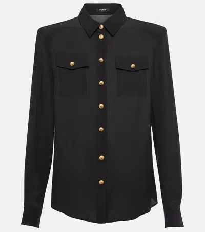 Balmain Shoulder Detail Long Sleeve Shirt In Black Cotton