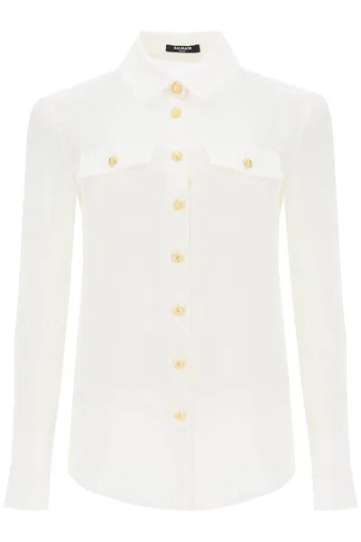 Balmain Silk Shirt With Padded Shoulders In Fa Blanc