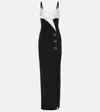 Balmain Two-tone Crepe Draped Long V-neck Split Dress In Black