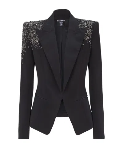 Balmain Crepe Jacket With Amethyst Embroidery In Brown