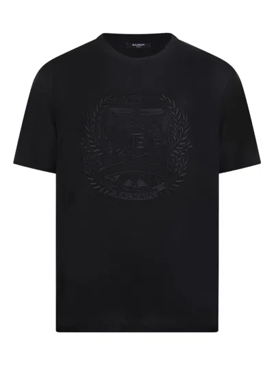 Balmain Crest Embroidered T-shirt In Black