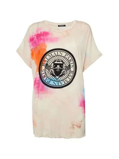 Pre-owned Balmain Crest-print Tie-dye T-shirt In White