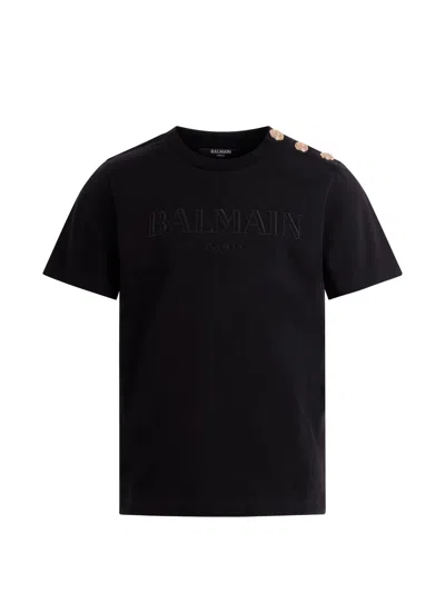 Balmain Crethestanesedew Neck T-shirt With Gold Logo Buttons For Boys In Black
